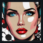 Impresión Acrílica La cara de la mujer del libro de historietas Pop A<br><div class="desc">Mujer de arte pop al estilo de un libro de historietas con un vaso como la cara. Fondo floral rojo,  blanco y negro.</div>