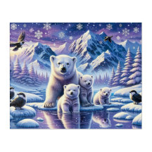 Pintura de escena nevada de la familia del oso pol