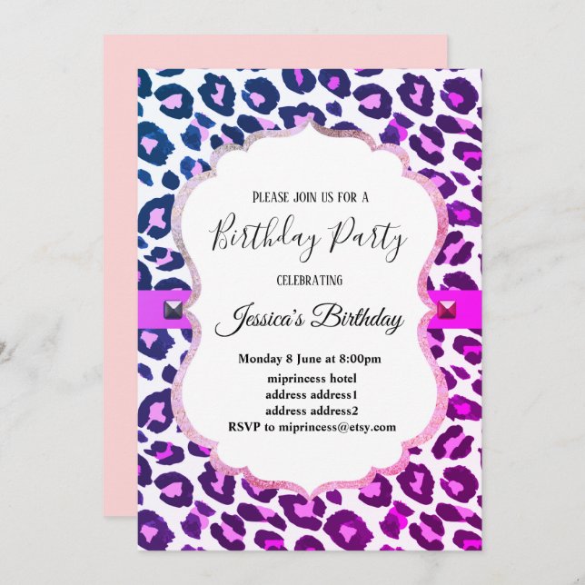 Impresión animal Invitación al cumpleaños de chica (Anverso / Reverso)
