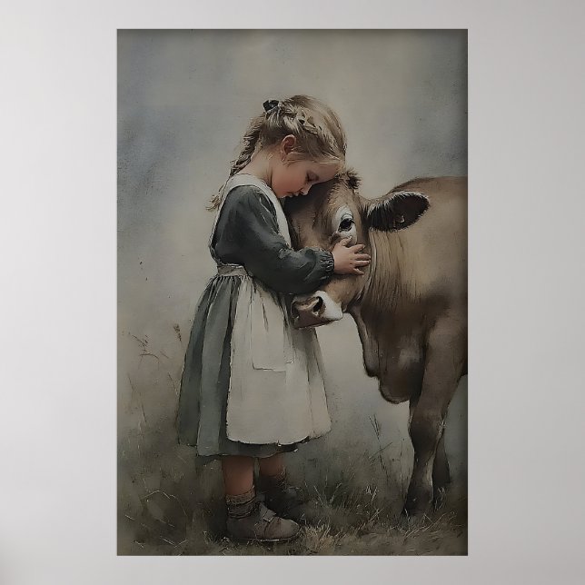 Impresión antigua de niña abraza vaca, granja vint (Frente)