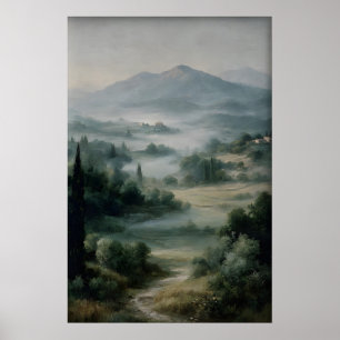 Impresión antigua de paisaje, campo de montañas ve
