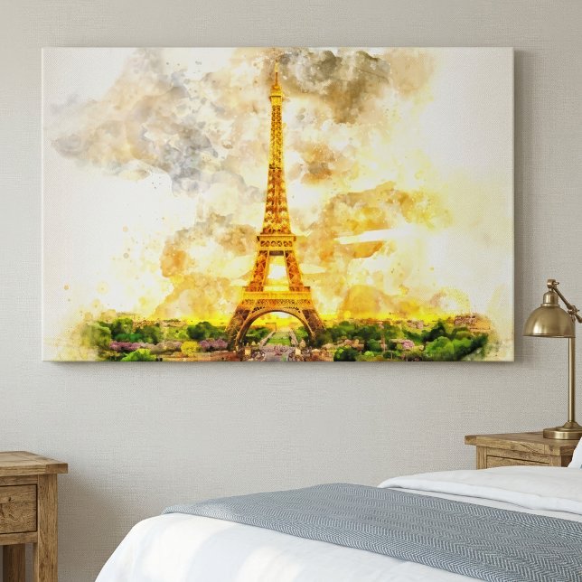 Impresión artística de acuarela del atardecer de l (Paris Eiffel Tower Watercolor Sunset Art Print. Canvas Print)