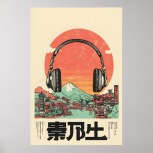 Impresión artística de auriculares japoneses retro