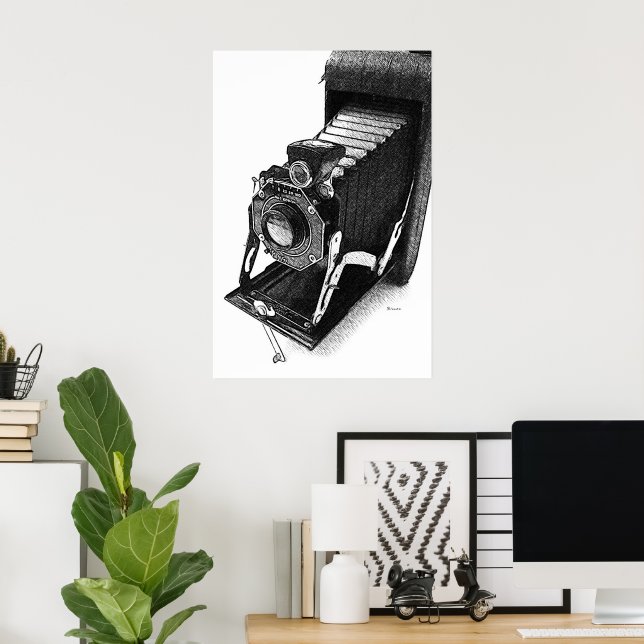 Impresión artística de cámara vintage dibujada (Oficina en casa)