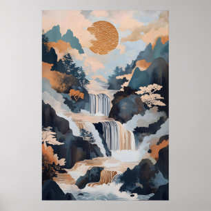 Impresión artística de cascada japonesa Montaña tr