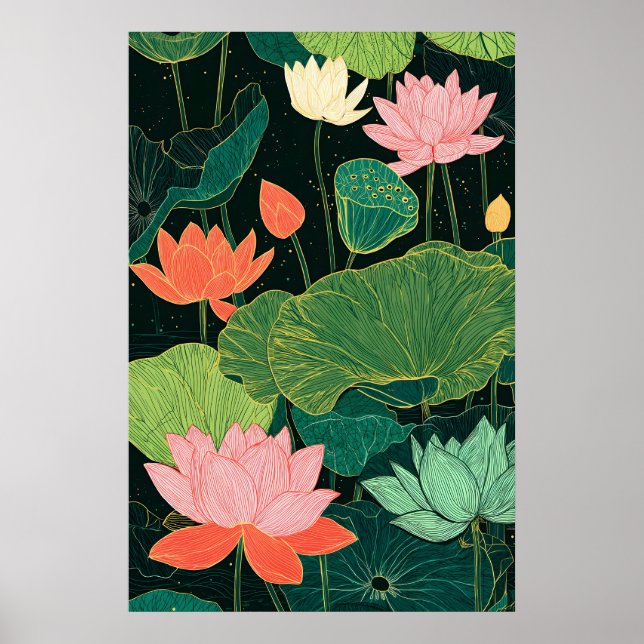 Impresión artística de flor de loto Linocut modern (Frente)