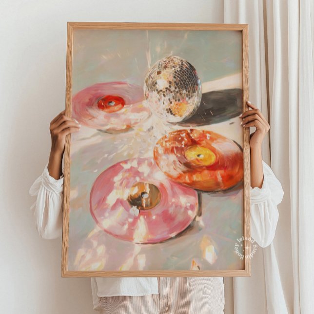 Impresión artística de Martini y bola de discoteca (Martini & Disco Ball Art Print: Light Pink Bar Car Poster)