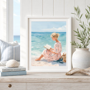 Impresión artística de niña leyendo junto al mar