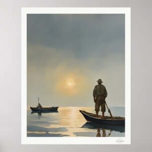 Impresión artística de pescador al amanecer, puert