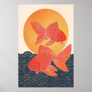 Impresión artística de pez dorado japonés, pez koi