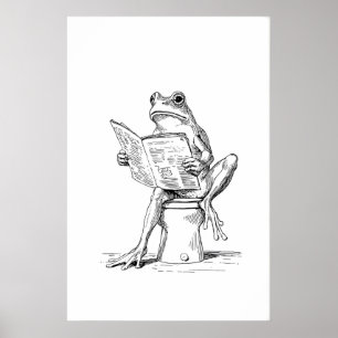 Impresión artística de rana leyendo Baño negro y b