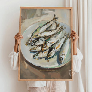 Impresión artística de sardinas, decoración de coc