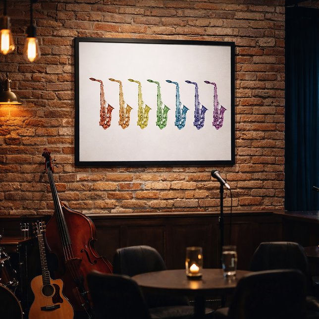 Impresión artística de saxofón arcoíris (A poster featuring a rainbow lineup of alto saxophones.)