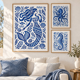 Impresión artística de sirena azul griega costera