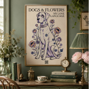 Impresión artística del Gran Danés con flores y pe