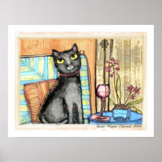 Impresión Bella Artes de gato, vino y flores negro