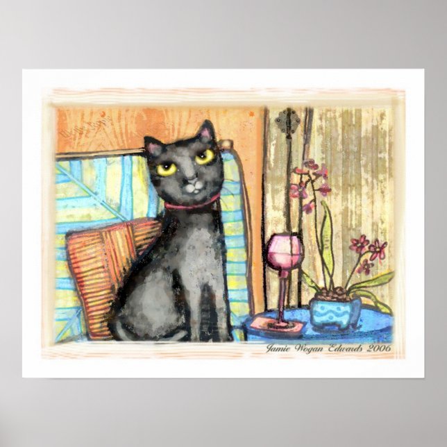 Impresión Bella Artes de gato, vino y flores negro (Frente)