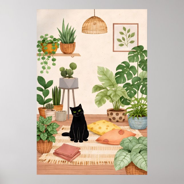 Impresión botánica de gato negro, pared de plantas (Frente)