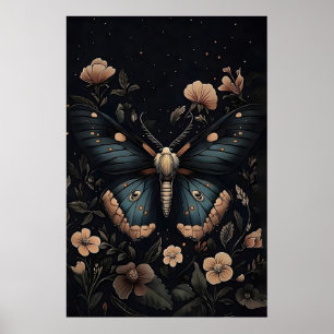 Impresión botánica de polilla azul, arte de pared 