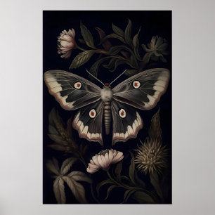Impresión botánica de polilla oscura, mariposa Gob
