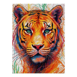 Impresión colorida de arte tigre, cabeza abstracta