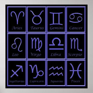 Impresión de 12 Rótulos morados de zodiaco