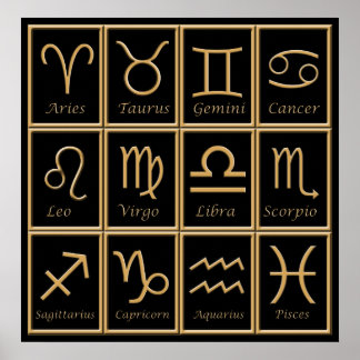 Impresión de 12 Rótulos Zodiac dorados