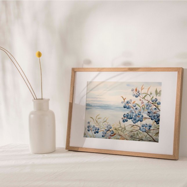 Impresión de acuarela de la planta de arándano de  (Watercolor print depicting a fruitful blueberry bush against a serene coastal backdrop.)
