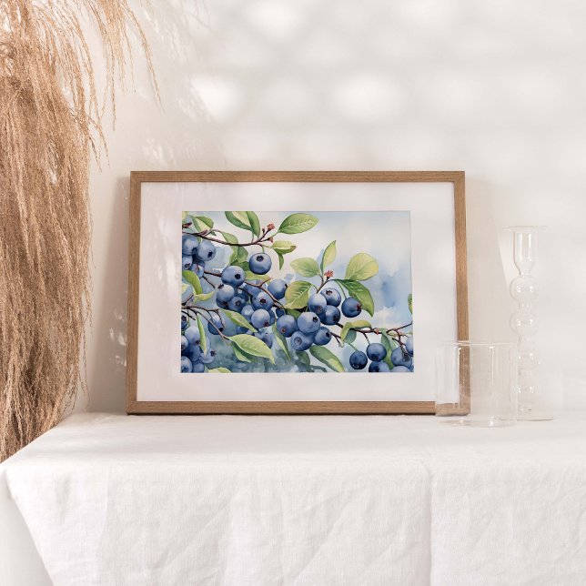 Impresión de acuarela en planta de frutales de ará (Watercolor print portraying the lush beauty of a blueberry bush laden with ripe, juicy berries.)