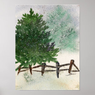 Impresión de árbol nevado de pino solitario