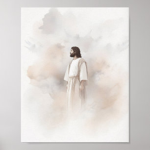 Impresión de arte acuarela de Jesús en las nubes