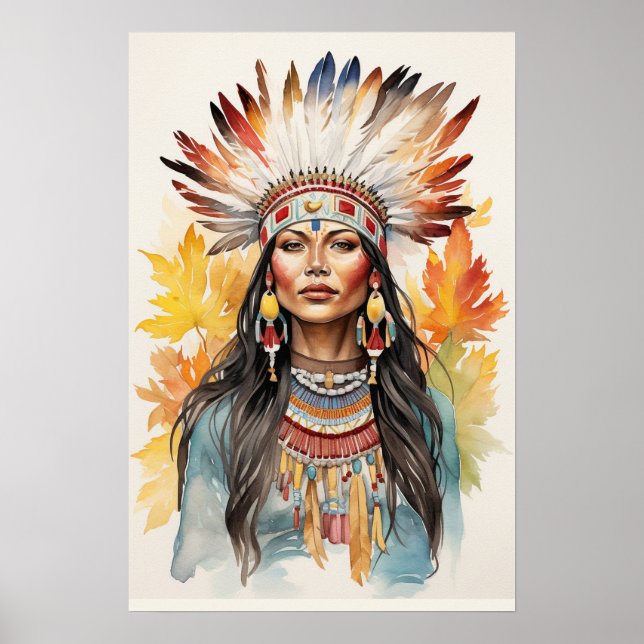 Impresión de arte acuarela de nativa norteamerican (Frente)