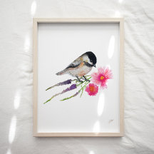 Impresión de arte con flores de pájaro de pollo