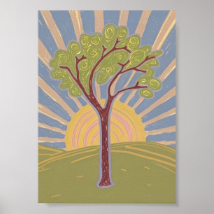 Impresión de arte de árbol abstracto y sol nacient