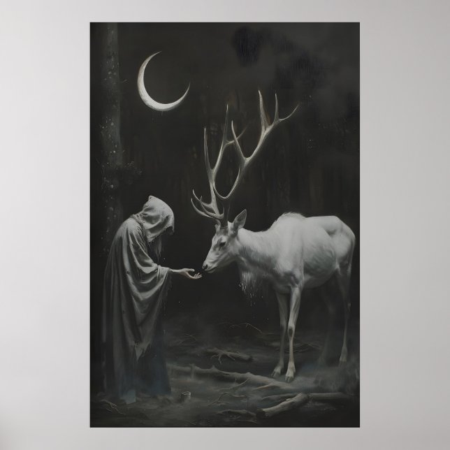 Impresión de Arte de Ciervo Macho Brujo, Luna Crec (Frente)