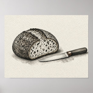 Impresión de arte de cocina de bodegón de pan y cu