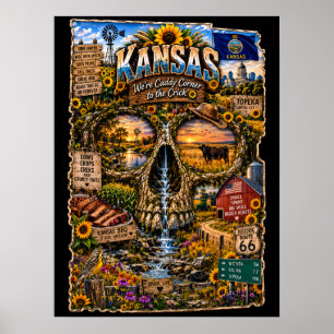 Impresión de arte de cráneo de Kansas   Estado de 