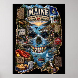 Impresión de arte de cráneo de Maine   Estado de á