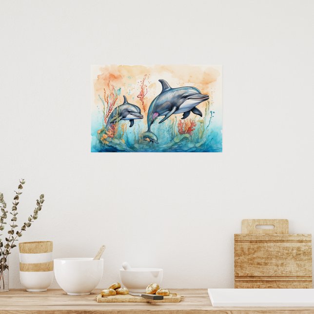 Impresión de arte de delfines en acuarela (Cocina)