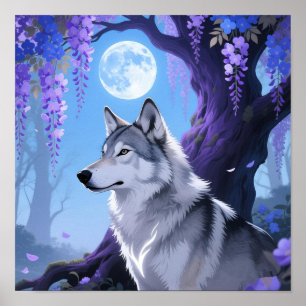 Impresión de arte de fantasía de lobo místico y lu
