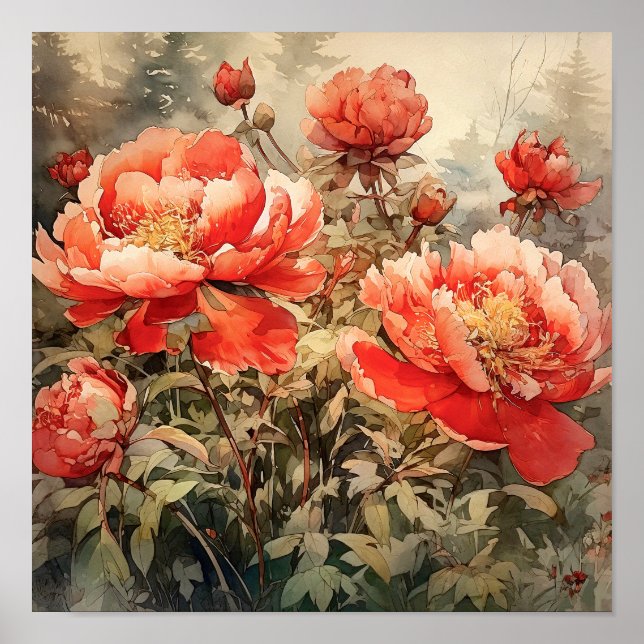 Impresión de arte de flores de peonía (Frente)