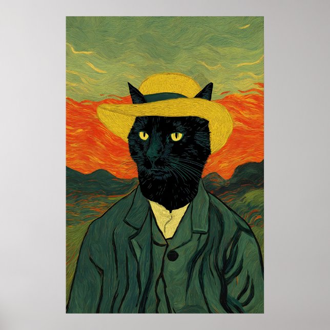 Impresión de arte de gato de Van Gogh divertido re (Frente)