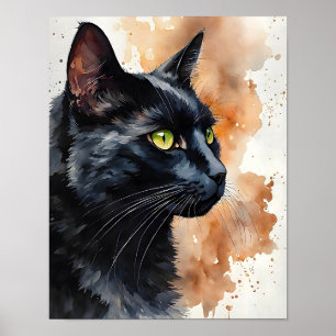 Impresión de arte de gato negro en acuarela para p