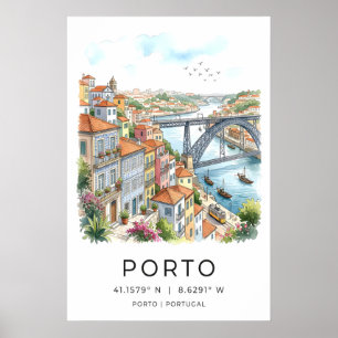 Impresión de arte de la ciudad de Oporto acuarela,