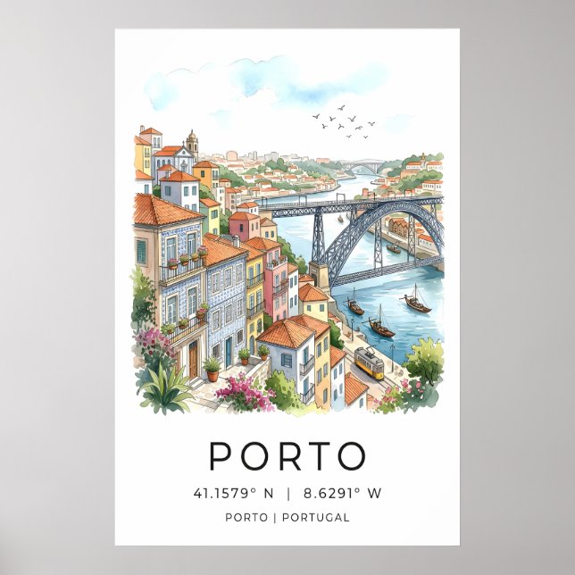 Impresión de arte de la ciudad de Oporto acuarela, (Frente)