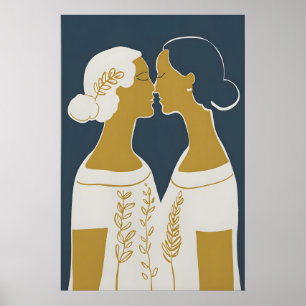 Impresión de arte de línea LGBTQ Dos mujeres besán