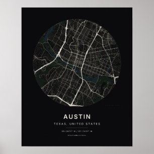 Impresión de arte de mapa de ciudad negra de Austi