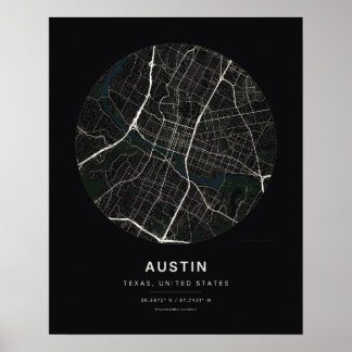 Impresión de arte de mapa de ciudad negra de Austi