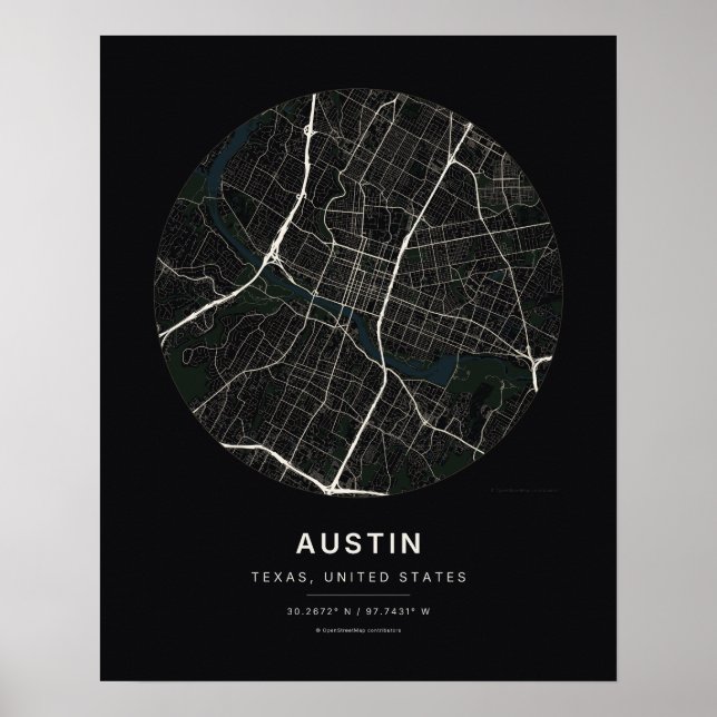 Impresión de arte de mapa de ciudad negra de Austi (Frente)