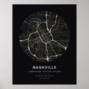 Impresión de arte de mapa de ciudad negra de Nashv